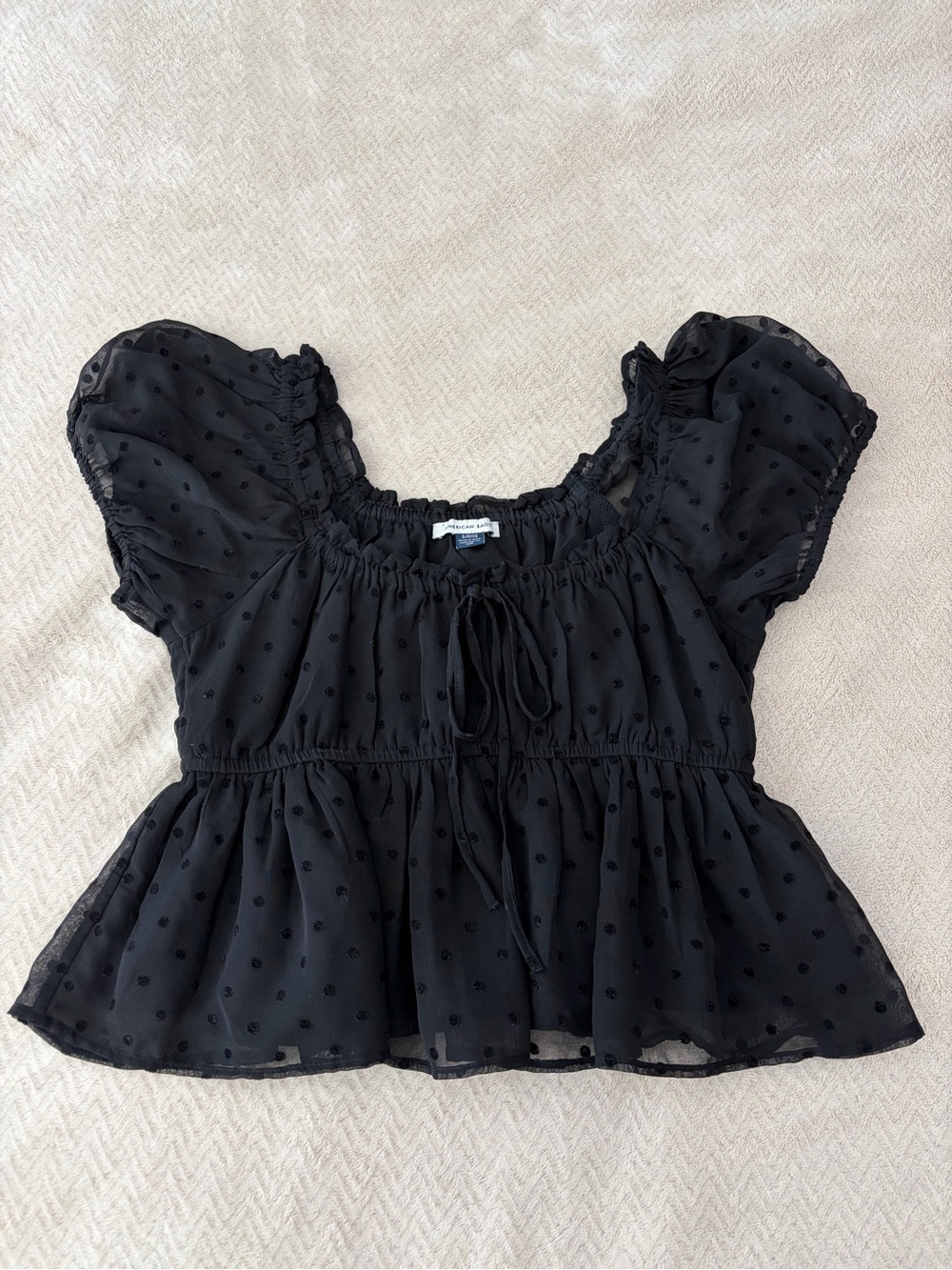 American Eagle Outfitters Black Sheer Swiss Dot Peplum Top